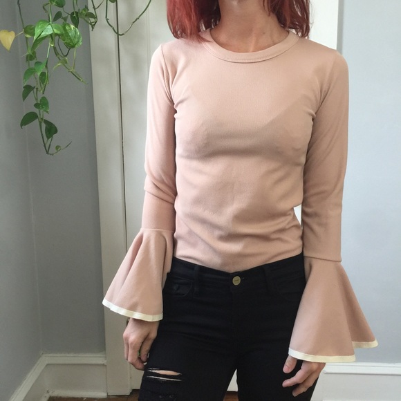 🌸NWT Storets Tan Bell Sleeve Mod Ribbed Shirt Top - Picture 8 of 8